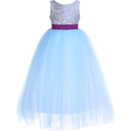 Girl Princess Gown Blue Tulle Sequins Sparkle Fresh Lightweight Layered Children Kids Dress Size 3 4 5 6 7 8 Years Old