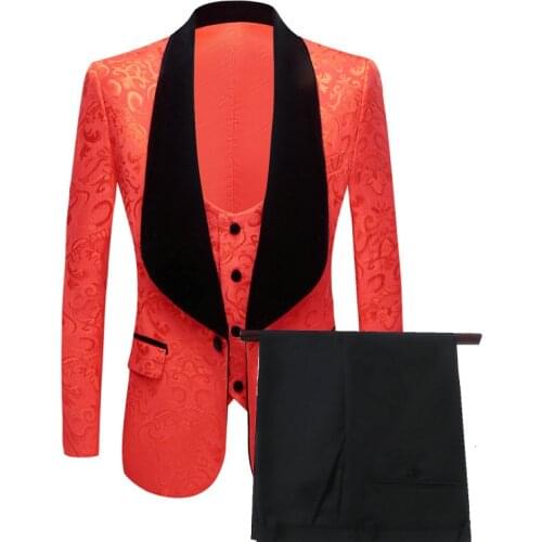 Hot Selling Red Jacquard Men Suits 3 Pieces Black Velvet Shawl Lapel Terno Slim Fit Groom Tuxedos Formal Mens Wedding Suits