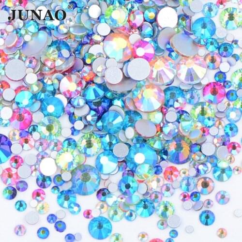 JUNAO 1400pcs Mix Size Mix AB Color Crystal Flatback Glass Rhinestone Sticker Nail Art Decoration Gems Non Hot Fix Strass Stones