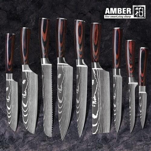 AMBER High Quality 8" Utility Chef Knives Laser Damascus Steel Santoku Kitchen Knives Sharp Cleaver Slicing Gift Knife
