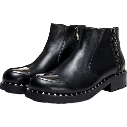 Hot Selling Cow leather Mens Boots punk metal Martin Boots Shoes Fashion work Boots High Quality Retro Shoes zipper