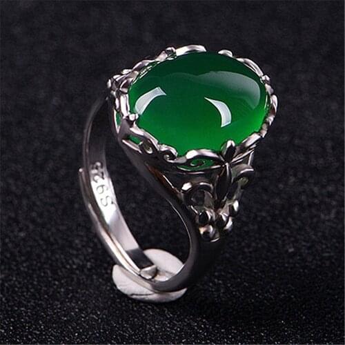 100% Real green jade rings resizable agate ring 925 sterling silver ring for men rings emerald ring natural stone jewelry
