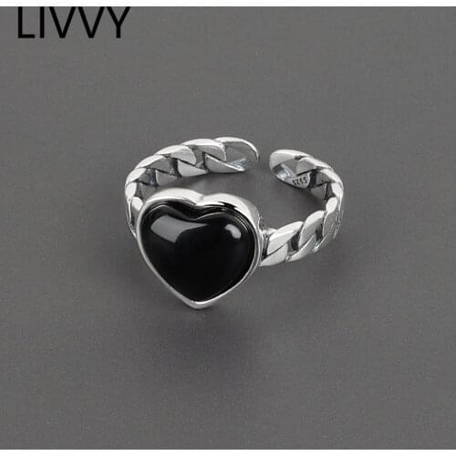 LIVYY Silver Color Charming Black Heart Geometric Chain Rings For Women Men Open Adjustable Party Gifts Accessories