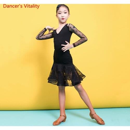 Latin Dance Practice Clothes Girls Temperament Long Sleeve Dress V-Neck Child Profession Performance Training Clothing