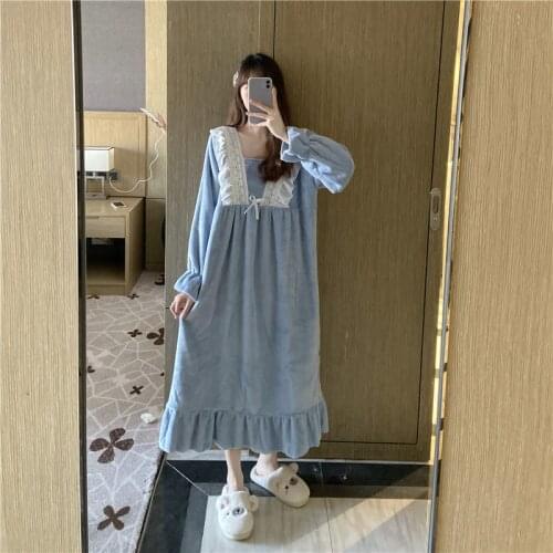 Casual home service autumn winter new womens warmth thick long-sleeve dress bathrobe ladies nightdress sexy lace robe gowns