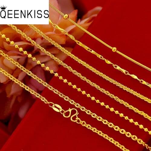 QEENKISS NC510 Fine Jewelry Wholesale Hot Fashion Woman Girl Birthday Wedding Gift Twist 24KT Gold Slim Chain Link Necklace
