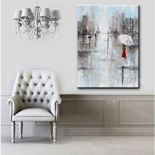 Handmade Fine Wall Artwork Art Abstract Painting Girl White Umbrella Red Dress Grey Blue City Rain Knife Oil Painting on Canvas