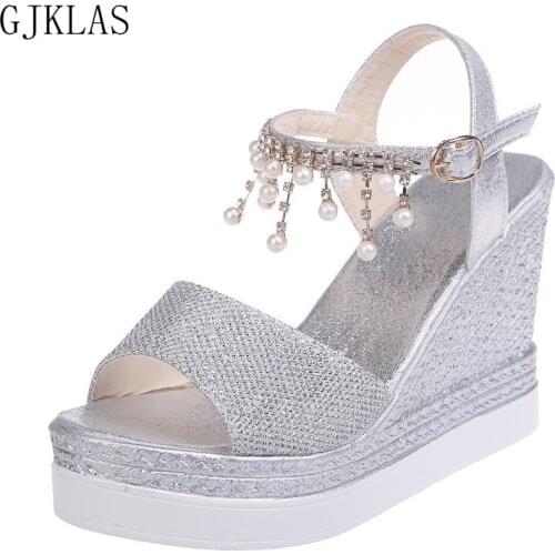 Wedge Sandals High Heels Women Platform Shoes Casuales Sliver Gold Pink Heels Sandels Summer Fashion Pearl Ladies Party Shoe