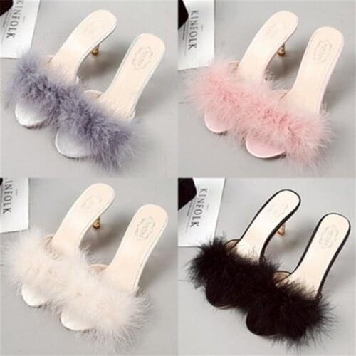 Fur slides metal heels sandals women ostrich feather slippers women square toe pantufla stiletto high heels zapatos de mujer2020