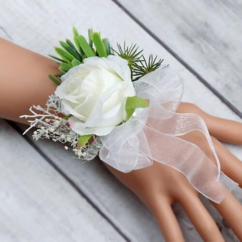 Wedding Bridal Team White Bracelet Wrist Flower Girls Party Favor Rose Corsage Wedding Party Hand Decorative Artificial Flower