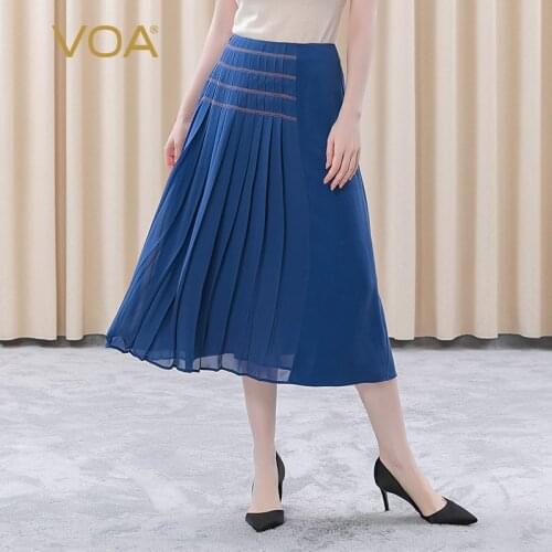 VOA 100% Silk 30m/m Sea Blue Natural Waist Pull Tuck Fold Splice Yellow Line Decoration Solid Skirt CE52 Harajuku Woman Skirts