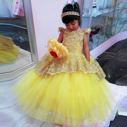 Yellow Flower Girls Dresses With Sheer Neck Cap Sleeve Applique Beads Child Birthday Party Gowns Back Button Girls Pageant Dress