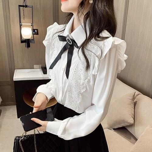 Korean Bow White Shirt Women Office Lady Long Sleeve Ruffles Lace Blouse Plus Size Tops Blouses blouses femme