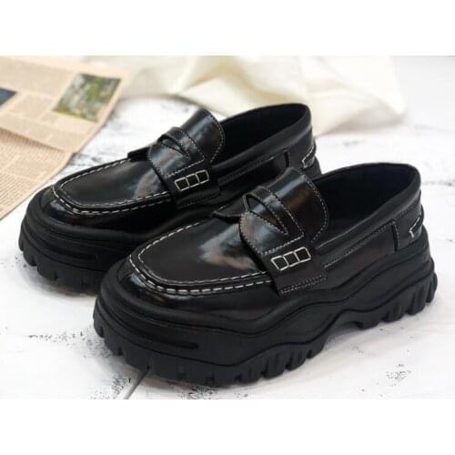 Spring Hot Girls Cheap High Quality Black Color Punk Style Thick Heel Platform 5 cm Heel Round Toe Slip On Leather Shoes 34-40