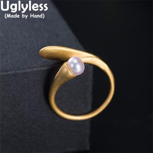 Uglyless Mermaid Design Fish Tail Gold Rings for Women Organic Natural Freshwater Pearls Open Rings Genuine 925 Silver Jewelry