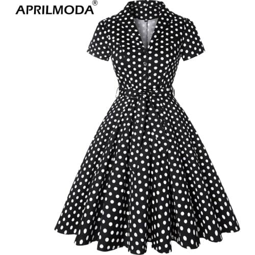 Polka Dot Black Pin Up Women Cotton Midi Dresses Floral Print Plus Size Swing Aline Party Dress Short Sleeve Knee-Length Vestido