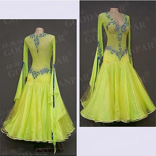 GOODANPAR V neck Women standard Ballroom Dance Competition Dress with bodysuit bra Elastic Lycra Waltz Dress Stage Dance Wear