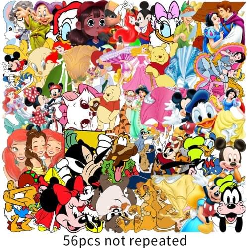 56Pcs/Pack Disney Anime Sticker Mickey Mouse Snow White Luggage Piano Car Bike Graffiti Sticker Waterproof Stickers Toy Gifts