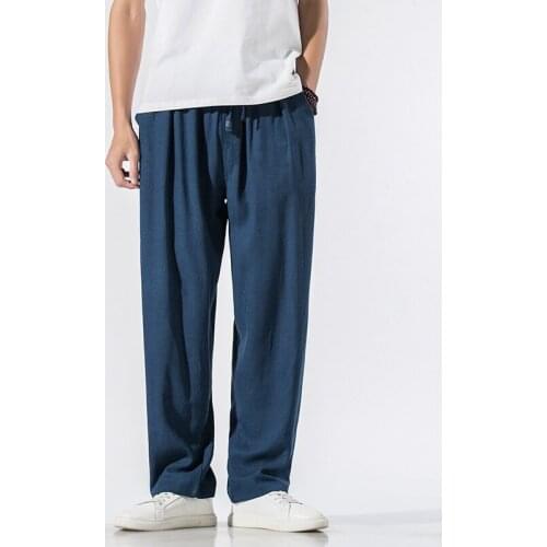 2021 Summer Chinese Style Men Cotton Linen Pants Mens Casual Work Solid White Elastic Waist Streetwear Long Pants Trousers 30087