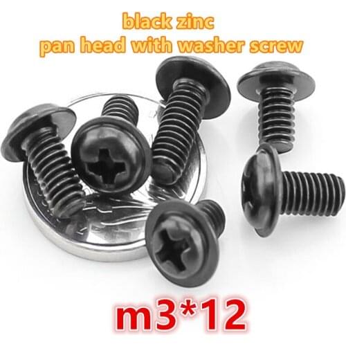 500pcs m3*12 carbon steel with black zinc plated phillip pan / round head with washer electronic screw computer screw