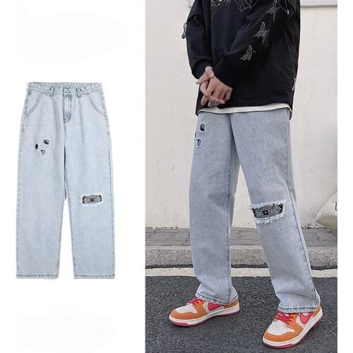 ERENEJIAN Mens Baggy Ripped Hip Hop Jeans With Patches Fashion Hi Street Distressed Denim Trouers Loose Fit Hi Street Pants