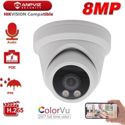 Hikvision Compatible Anpviz 8MP ColorVu IP Camera Starlight POE Turret Super Color Night Vision 30m Audio IP66 Onvif 3.6mm Lens