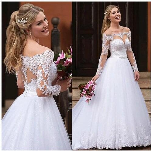 Exquisite Tulle Off-the-shoulder Neckline A-line Wedding Dresses With Lace Appliques Long Sleeves Wedding Gown Bridal Dress