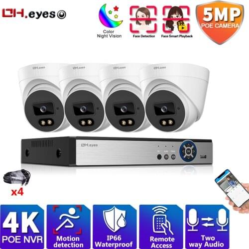 Two Way Audio Color Night Vision POE Monitoring Security Cameras Set 5MP Outdoor CCTV Video Surveillance System 4ch 4K NVR Kit
