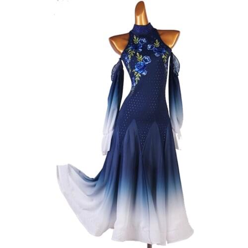 Modern Dance Performance Costumes Long Sleeve Full Diamond Waltz Dress Ballroom Dance National Standard Dance Clothing DQL5372