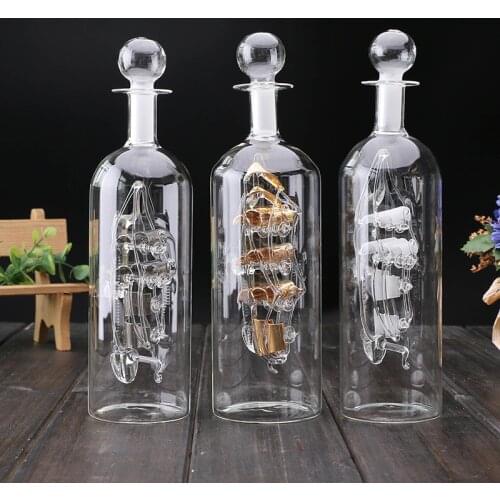 Creative crafts home wine cabinet ornaments wedding gifts sailing floating bottle micro landscape wooden base glass bottle