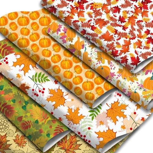 Fall Theme Printed Faux Leather Sheets Pumpkin Leaves Synthetic Leather Fabric 20x33cm for DIY Sewing Materials Bows Earrings