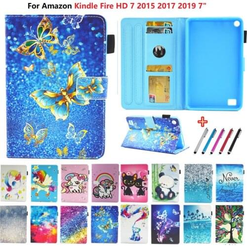 Cute Animal Panda Unicorn Cat Leather Cover For Amazon Kindle Fire HD 7 2015 2017 2019 7" Tablet Case Soft TPU Stand Funda + Pen