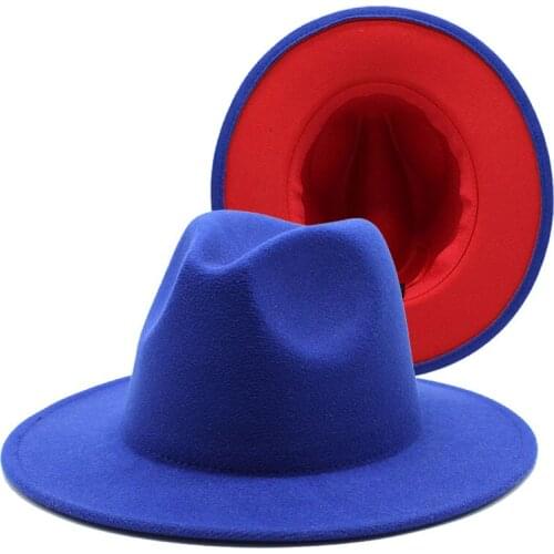 Fashion Royal blue red Patchwork Felt Hat Women Men Wide Brim Imitation Wool Jazz Fedora Hat Panama Trilby Cap Trend Gambler Hat
