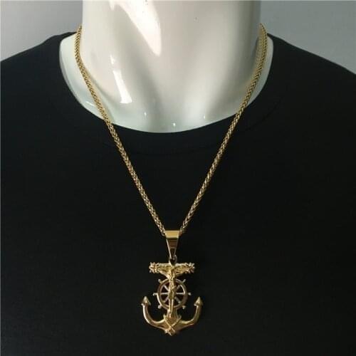 Mens Cross Rudder Anchor Pendant Necklace Gold Plated Jewelry High Quality Metal Navigation Religious Necklace
