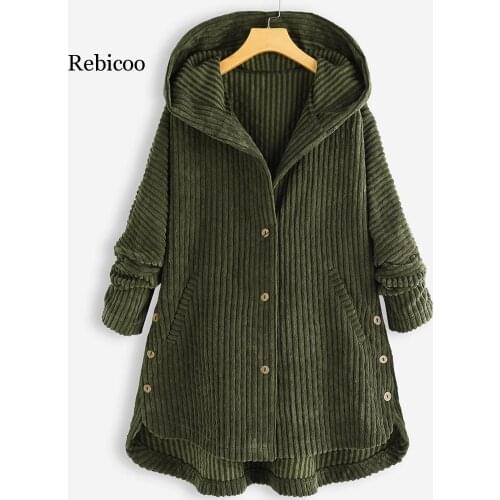 Pockets Womens Autumn And Winter Solid Button Long-sleeved Clothes With Cap Coat Polyester M-5XL manteau femme hiver