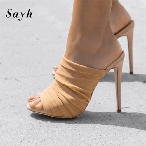 Sexy Women High Heels Mules Peep Toe Women Slides Female Thin High Heels Female Outdoor Slippers Sandals Party Stilettos Shoes