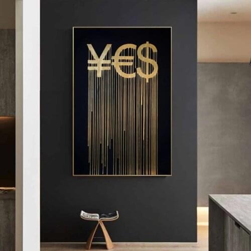 Gold Luxury Canvas Poster Money Renminbi Euro Dollar Currency Symbol Abstract Painting Living Room Porch Wall Art Home Decor