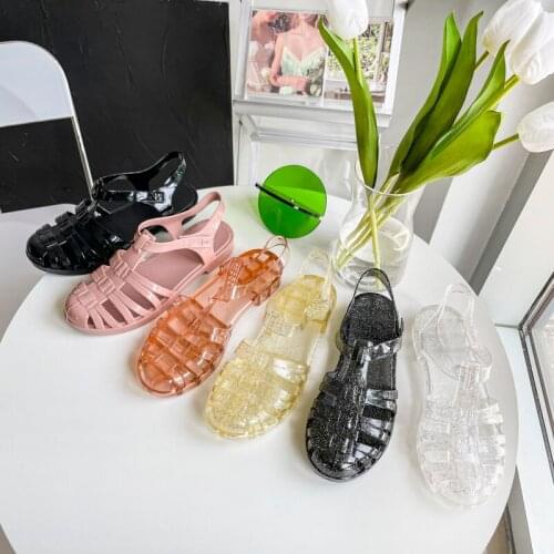 Summer Baotou Roman Womens Sandals Retro Flat Heel Transparent Crystal Beach Shoes Flat Plastic Jelly Shoes
