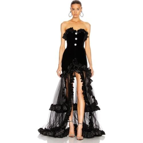 Sexy Fashion Women Ruffles Strapless Lace Mesh Black Bandage Dress Elegant Designer Long Maxi Party Dress VestidoS