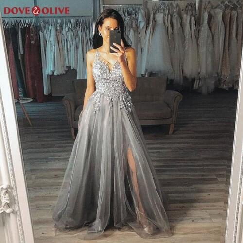 Gray Women Split Sexy V Neck Long Prom Dresses 2020 vestidos de fiesta Elegant Appliques Formal Party gala jurken Evening Gowns