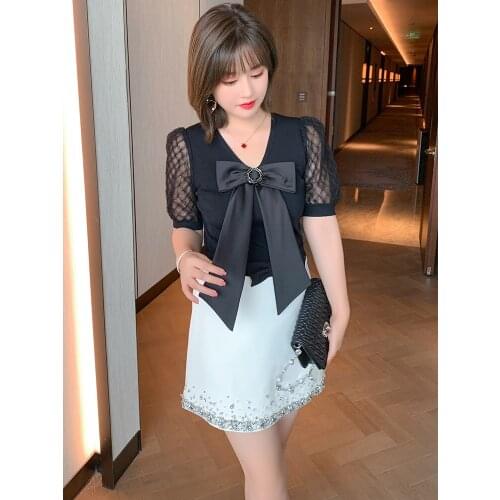 High quality Net yarn sleeve V - neck bow blouse new summer