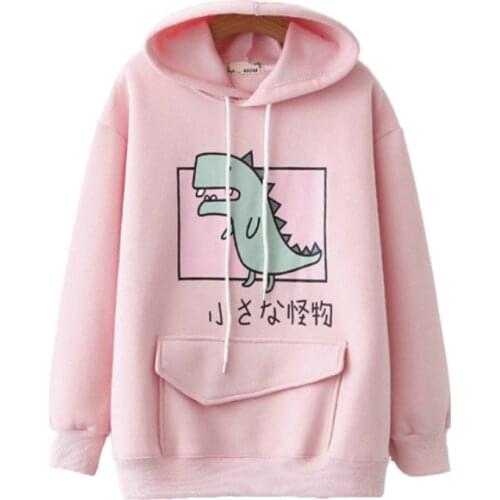 Merry Pretty Winter Fleece Thick Hoodies Cartoon Dinosaur Printed Sweatshirt Womens Clothes Sweet Hooded Drawstring Pullover