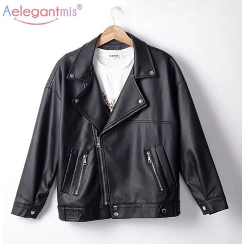 Aelegantmis Autumn Winter Loose PU Leather Jacket Women BF Style Faux Leather Jackets Coats Biker Jacket Ladies Casual Outerwear