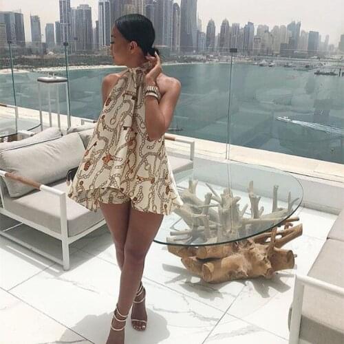 Sleeveless European and American Womens Wear Print Neck Back Open Back Womens Pajamas Casual Fashion Street Wear Two Pieces