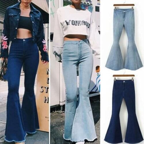 Ladies High Waist Skinny Denim Jeans Flare Wide Leg Trousers Bell Bottom Pants