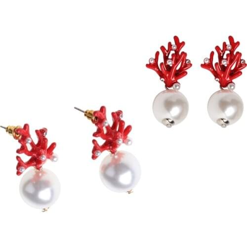 2021 New Women Acrylic Enamel Red Coral Resin Antlers Pearl Stud Earrings Fashion Jewelry 2020 trend