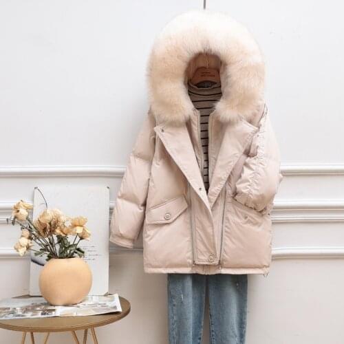 2021 Winter New Fashion Thicken Hooded Female Pockets Down Outerwear Down Jackets Women Big Fox Fur Collar White Duck Down Coats