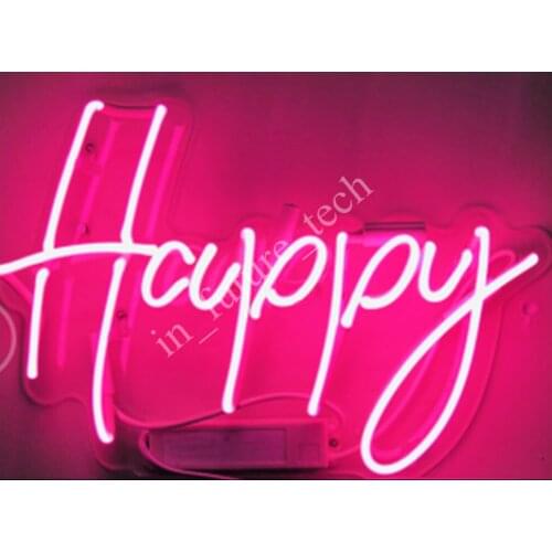 14“ Happy Pink Acrylic Custom Neon Light Lamp Sign Beer Bar Handmade Real Glass Decorate Home Wall Room Windows Tube Artwork