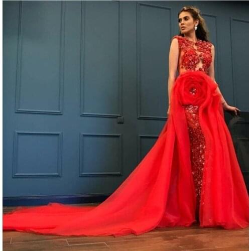 2020 Sexy Red African Mermaid Prom Dresses Lace Sequined Beaded Jewel Neck Plus Size Long Elegant Evening Formal Gowns