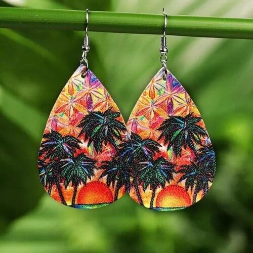 2021 Wholesale Summer Creative Water Drop Plant Palm Leaf Fish Scale Pattern Leather PU Earrings